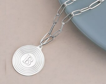 Circle Paperclip Necklace with Initial Sterling Silver