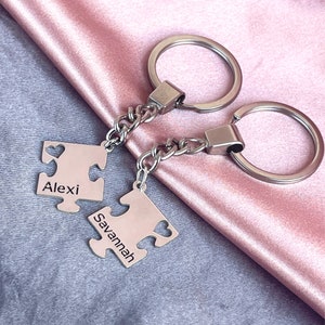 Two Puzzle Keychain Set Sterling Silver - Custom Engraved His & Hers Keychains - Gift for Couples