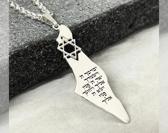 Israel Map Necklace Hebrew Bible Verse and Magen David - 925 Sterling Silver - Am Yisrael Chai  Star of David Pendant - Jewish Jewelry
