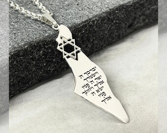 Israel Map Necklace Hebrew Bible Verse and Magen David - 925 Sterling Silver - Am Yisrael Chai  Star of David Pendant - Jewish Jewelry