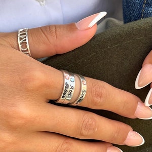Sterling Silver Stacking Mom Rings: Personalized Birthstone Family Jewelry
