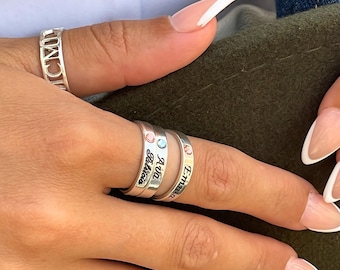 Stacking Mom Rings with Kids Names and Birthstone