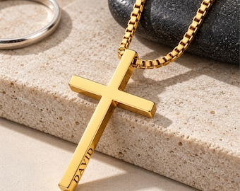 Engraved Cross Necklace for Men, Personalized 3D Cross Pendant