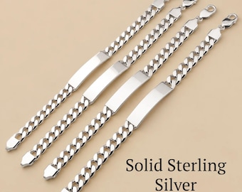 May include: Four silver-toned chain bracelets with flat, rectangular identification plates and lobster claw clasps. The text Solid Sterling Silver +925 is printed in the lower right corner of the image.