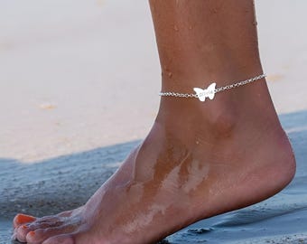 Engraved Butterfly Anklet Sterling Silver