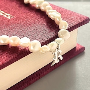 Freshwaterpearls Choker Initial Necklace - Old English Sterling Silver letter Pendant - Freshwater Pearls Jewelry Gift for Her