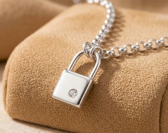 Birthstone Padlock Necklace with Initial, Sterling Silver 925