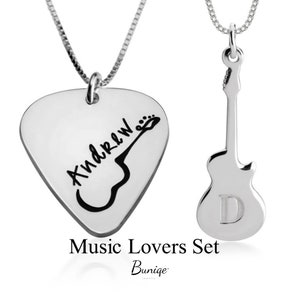 Matching Guitar Necklace Set for Couple 925 Sterling Silver Engraved Guitar Pick & Tiny Guitar Initial Necklace Music Lovers Jewelry image 1