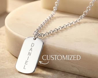 Collar con placa de identificación para hombre, personalizado, de plata de ley - Colgante grabado a medida