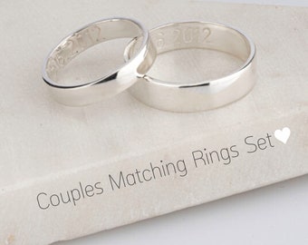 Matching Rings for Couple 925 Sterling Silver or 24K Gold Plated - Inside Engraved Ring Secret Message - His and Hers Promise Wedding Bands