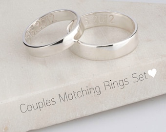 Matching Rings for Couple 925 Sterling Silver or 24K Gold Plated - Inside Engraved Ring Secret Message - His and Hers Promise Wedding Bands