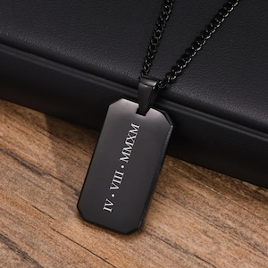 Gepersonaliseerde zwarte onyx herenketting - dog tag aangepaste lasergegraveerde hanger en Cubaanse ketting - handschriftsieraden - vaderdagcadeau voor papa