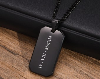 Personalized Black Onyx Mens Necklace - Custom Laser Engraved Dog Tag Pendant & Curb Chain - Handmade Jewelry - Valentines Day Gift for Him