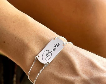 Engraved Bar Bracelet - Sterling Silver Handwriting Nameplate with Double Rolo Chain - Name Plate Bracelet for Women - Christmas Gifts Idea