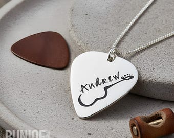 Engraved Guitar Pick Necklace Sterling Silver