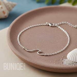Sterling Silver Wave Ankle Bracelet: Rolo Chain Beach Jewelry - Gift for Wife