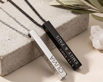 Matching 3D Bar Necklace Set, Stainless Steel - Personalized Couples Gift