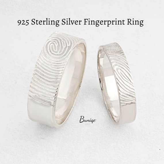 Sterling Silver Fingerprint Ring Set, His and Hers Promise Rings - Keepsake Gift for Couple