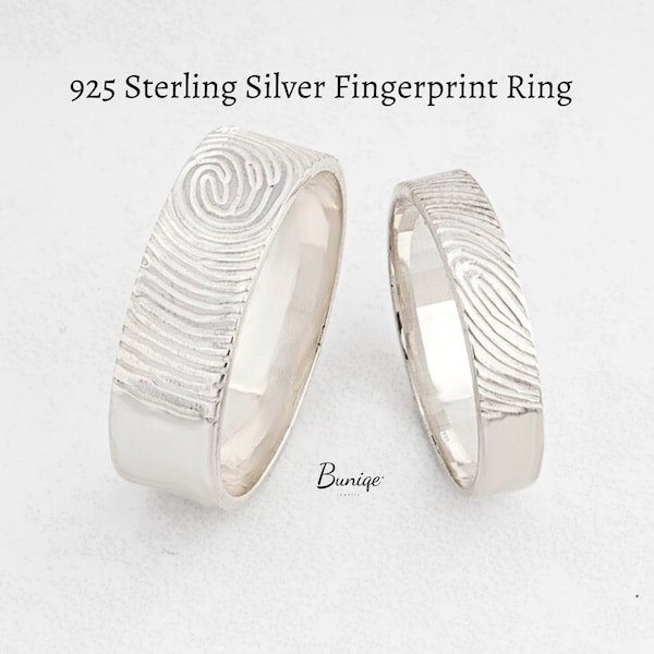 Fingerprint Ring Set for Couple 925 Sterling Silver - Promise Rings - His & Hers Matching Wedding Bands - Personalized Thumbprint Jewelry