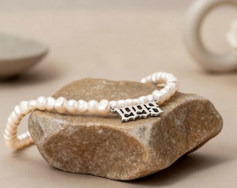 Birth Year Pearl Choker Necklace, Sterling Silver Old English Number Pendant