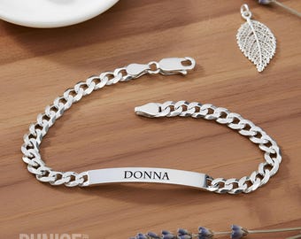 Cuban Bar Bracelet, Sterling Silver Curb Chain