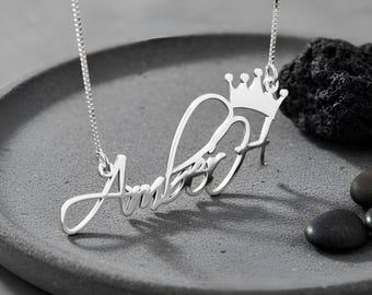 Signature Crown Name Necklace, Sterling Silver Cursive Font