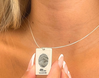 Fingerprint Dog Tag Necklace, Sterling Silver Thumbprint Jewelry, Custom Engraved Memorial Gift