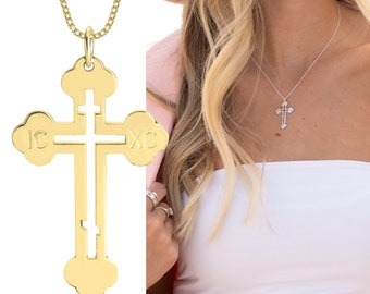 Greek Orthodox Cross Necklace - Baptism Gift for Men or Women - 925 Sterling Silver Box Chain with Gothic Cross Pendant - IC XC Jewelry