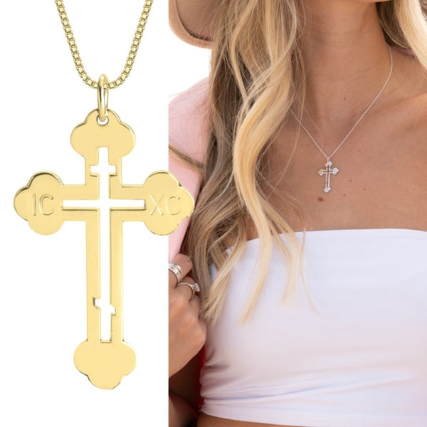 Greek Orthodox Cross Necklace - Baptism Gift for Men or Women - 925 Sterling Silver Box Chain with Gothic Cross Pendant - IC XC Jewelry