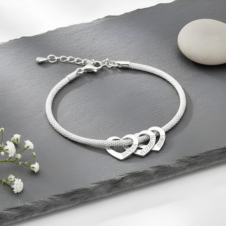 Mom Bracelet with Kids Names, Sterling Silver Heart Charm Jewelry - Grandkids Grandma Family Gift image 7