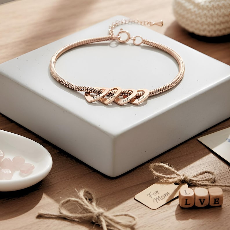 Personalized Mom Heart Charm Bracelet Engraved Kids Names - Family Jewelry Mothers Day Gift