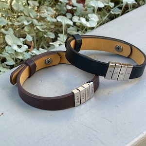 Pulsera de cuero para papá con nombres de niños en marrón o negro - Pulsera familiar grabada personalizada - Joyería para el Día del Padre - Regalo único para papá