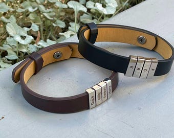 Leather Dad Bracelet with Kids Names Brown or Black - Custom Engraved Family Bracelet - Fathers Day Jewelry - Unique Gift for Dad