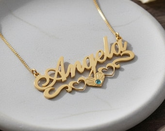 Birthstone Heart Name Necklace, Sterling Silver