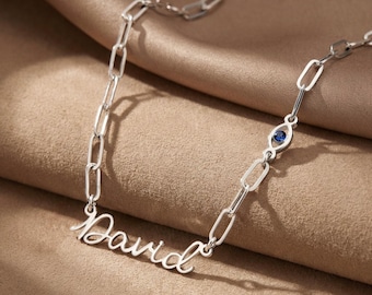 Evil Eye Name Necklace Sterling Silver Paperclip Chain