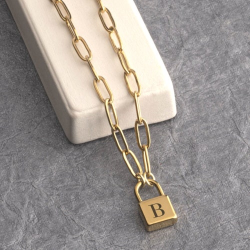 14K Gold-Plated Sterling Silver Padlock Paperclip Link Pendant Necklace