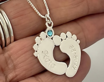 Engraved Baby Feet Necklace with Birthstone