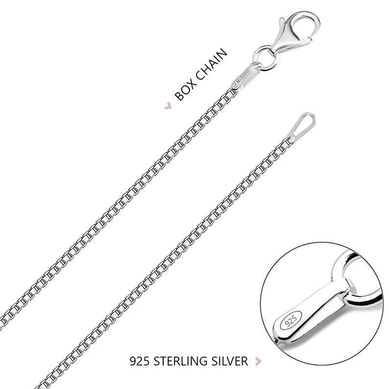 May include: A silver box chain necklace featuring a lobster claw clasp. The chain is made of 925 sterling silver, as indicated by the hallmark on the clasp. The design consists of square-shaped links connected in a continuous, uniform pattern.