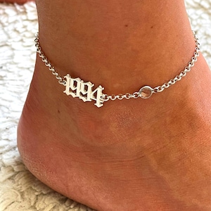 Personalized Old English Birth Year Anklet: Sterling Silver Custom Swarovski Charm