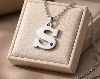 Chunky Initial Necklace with Birthstone, Large Letter Pendant in Sterling Silver 925