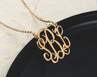 Large Monogram Necklace 925 Sterling Silver - Three Intertwined Vine Initials Pendant - Monogrammed Gifts for Valentines Day