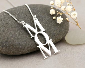 Engraved Vertical MOM Necklace Sterling Silver