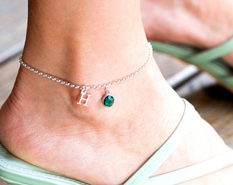 Initial Birth Stone Anklet for Women - 925 Sterling Silver Ankle Bracelet - 3mm Rolo Chain - Summer Jewelry Gift for Sexy Hot Wife