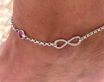 Sterling Silver Anklet for Women with Infinity & Birthstone Charm-Rolo Chain Ankle Bracelet- Summer Jewelry Personalized Gift for Her