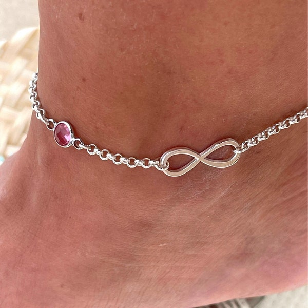 Bracelet de cheville en argent sterling pour femme avec breloque infini et pierre de naissance - Bracelet de cheville chaîne Rolo - Bijoux d'été Cadeau personnalisé pour elle