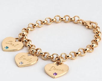 Birthstone Bracelet for Mom and Grandma, Personalized Engraved Hearts, Sterling Silver