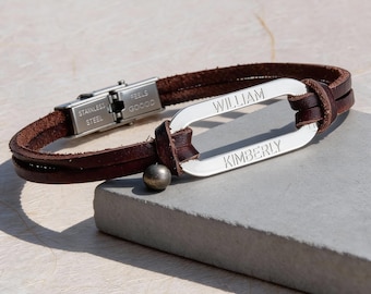 Men's Leather Bracelet Engraved Sterling Silver Bar