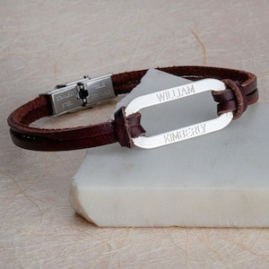 Engraved Dad Leather Bracelet Brown or Black with Sterling Silver Bar Pendant - Personalized Jewelry Gift for Fathers Day