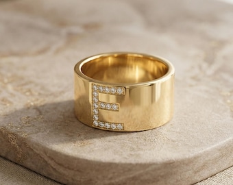 8mm Wide Band Initial Ring with CZ