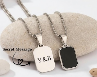 Custom Dog Tag Necklace, Silver & Black - Stainless Steel Secret Message Pendant